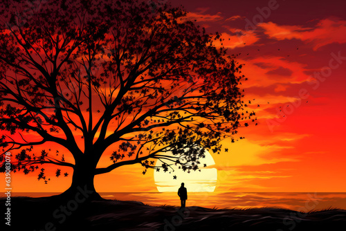 Silhouettes at Sunset. silhouette of a person or a tree against a vibrant sunset sky, with leaves falling gently, evoking a sense of tranquility and nostalgia. © Dinusha