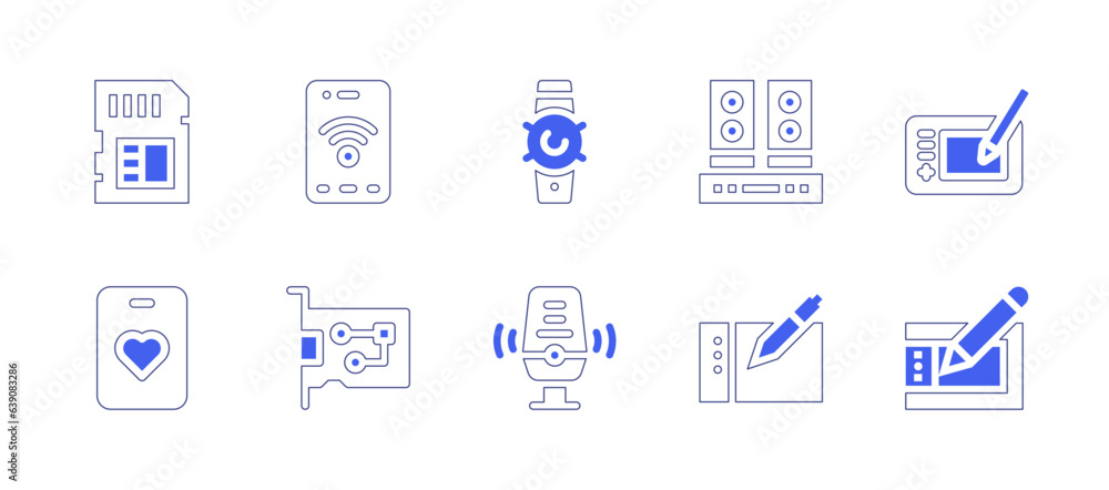Device icon set. Duotone style line stroke and bold. Vector illustration. Containing memory card, smartphone, watch, speakers, graphic tablet, favorite, network interface card, microphone, wacom.