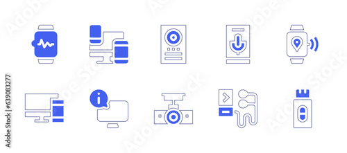 Device icon set. Duotone style line stroke and bold. Vector illustration. Containing smartwatch, network, intercom, voice, responsive, smart tv, projector, music player, pen drive.