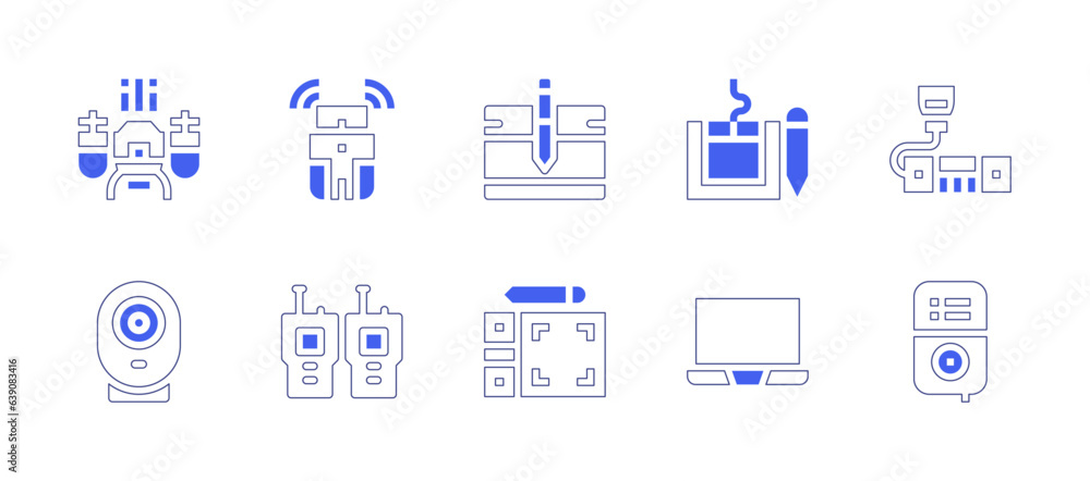 Device icon set. Duotone style line stroke and bold. Vector illustration. Containing drone, tracker, graphic tablet, transceiver, security camera, walkie talkie, drawing tablet, laptop, music.