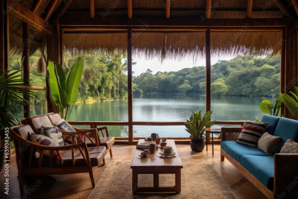 Fototapeta premium Ecolodge or eco-lodge hotel interior with lake view