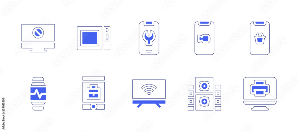 Device icon set. Duotone style line stroke and bold. Vector illustration. Containing computer, microwave, settings, video, shop, clock, mobile, tv, woofer.