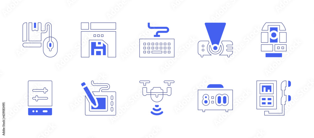Device icon set. Duotone style line stroke and bold. Vector illustration. Containing ebook, save, keyboard, projector, total station, settings, tablet, drone, alarm clock, music player.