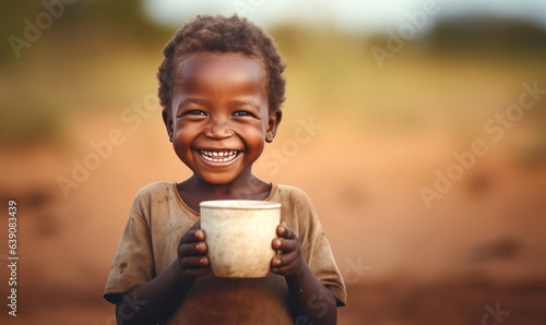 Drought, lack of water problem. Laughing child in Africa close-up with mug of water