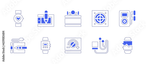 Device icon set. Duotone style line stroke and bold. Vector illustration. Containing fitness, graphic tablet, vacuum chamber, extractor hood, ipod, pen tablet, smartwatch, smart board, mp player.