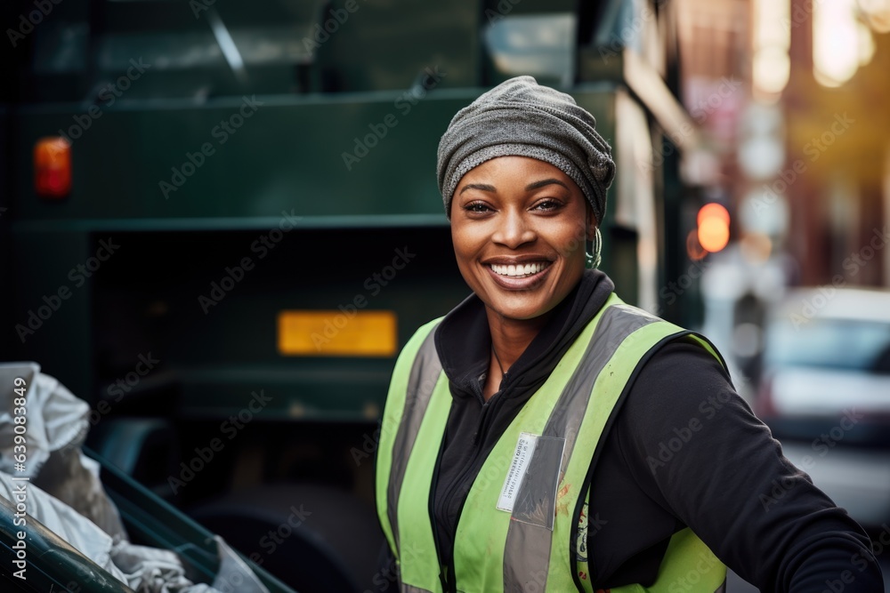 Portrait of a smiling middle aged african american woman working in sanitation in the city