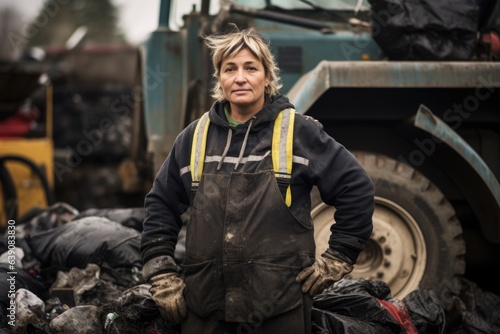 Smiling portrait of a middle aged caucasian woman working for a sanitation company in the city © Geber86