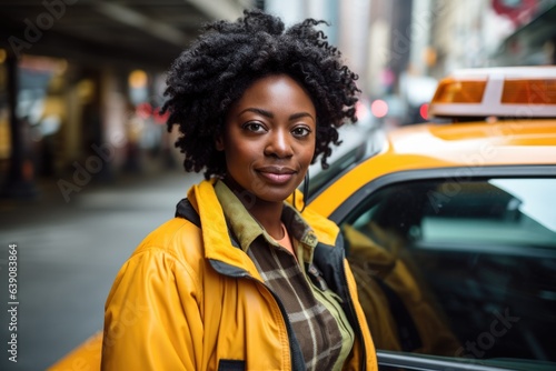 Smiling portrait of a young female african american taxi driver in new york photo