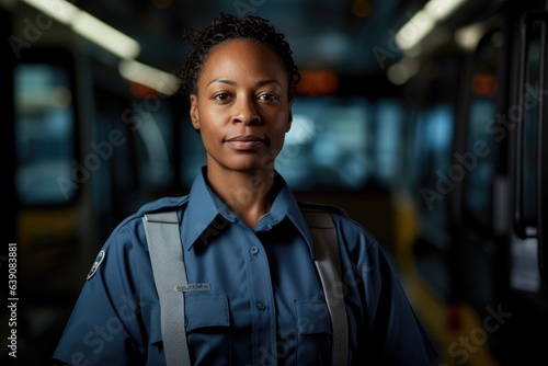 Portrait of a smiling female middle aged african american bus driver