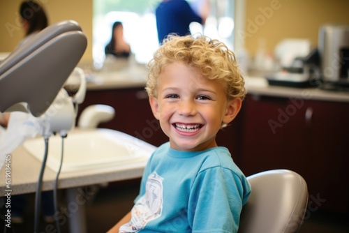 Portait of a young caucasian boy smiling in the dentists office