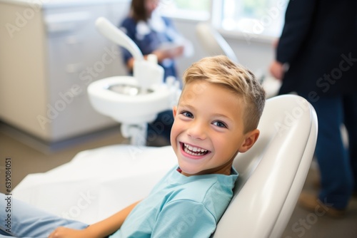 Portait of a young caucasian boy smiling in the dentists office