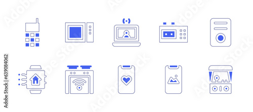 Device icon set. Duotone style line stroke and bold. Vector illustration. Containing cellphone, microwave, live stream, recorder, music player, smartwatch, oven, love, landscape, arcade. © Huticon