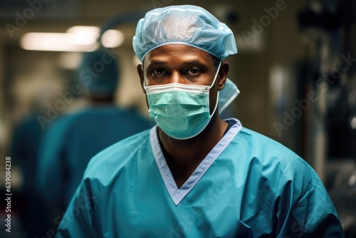 Portrait of a Middle aged male african american surgeon wearing a mask working in a hospital in a operating room