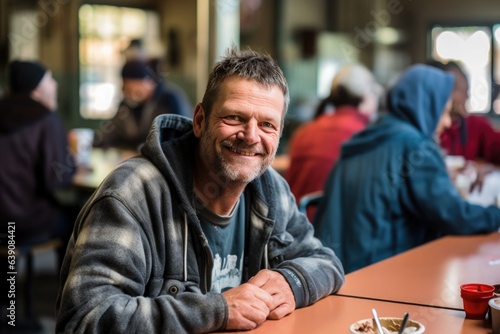 A homeless man eats in the shelter's canteen photo
