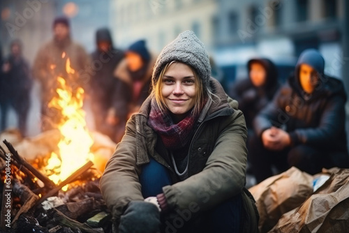 Homeless woman sits on the street near the bonfire