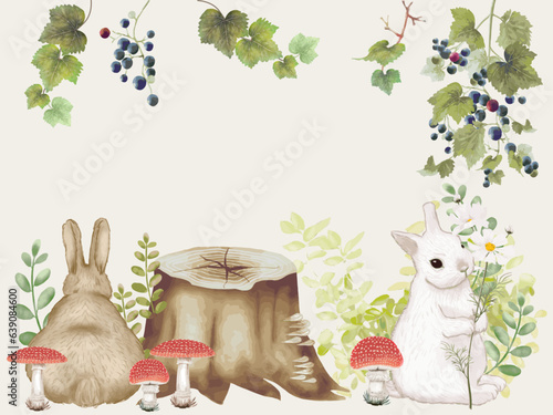 森, 秋, きのこ, 兎, 野うさぎ, 山, 葡萄, 植物, 樹木, 切り株, 森林, 葉っぱ, 果実, 房, 葉, 垂れる, 果物, 茸, フレーム,  メッセージカード, グリーティングカード, 菌糸類, 紅葉,, 野ぶどう, 田舎, 山奥, 絵葉書, ほのぼの, 絵本, ボタニカル, 野原, 緑, 9月, 10月, ポストカード,手描き, 水彩画, 食べ物, 挿絵, ウサちゃん, 野ウサギ