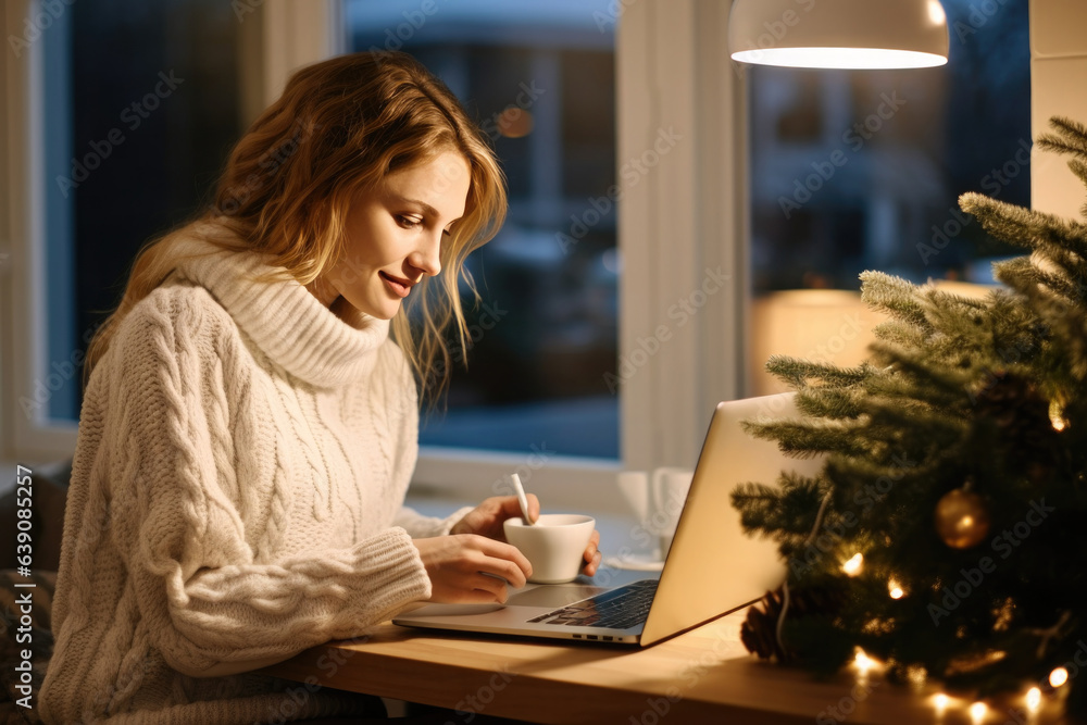 Woman in warm white winter sweater sitting at windowsill at home at christmas eve working on laptop Woman in warm white winter sweater sitting at windowsill at home at christmas eve working on laptop