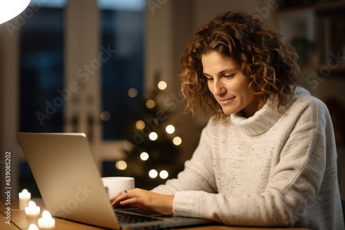 Woman in warm white winter sweater sitting at windowsill at home at christmas eve working on laptop