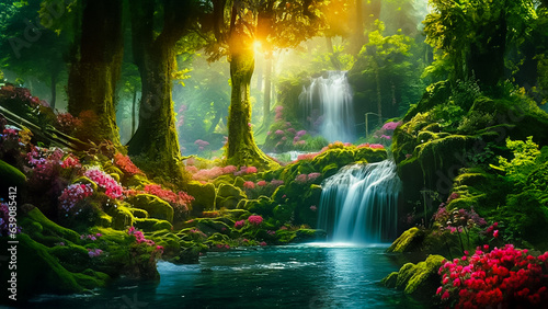 a flowing waterfall with moss and rocks under the sun surrounded by colorful flowers and tall trees