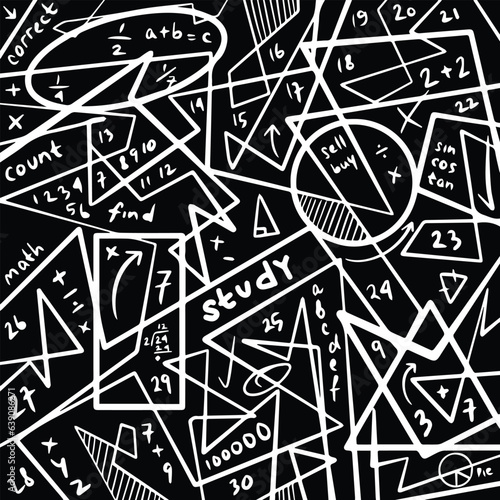 Random lines and mathematics educational elements vector background isolated on black square wallpaper template. Simple flat monochrome wallpaper backdrop.
