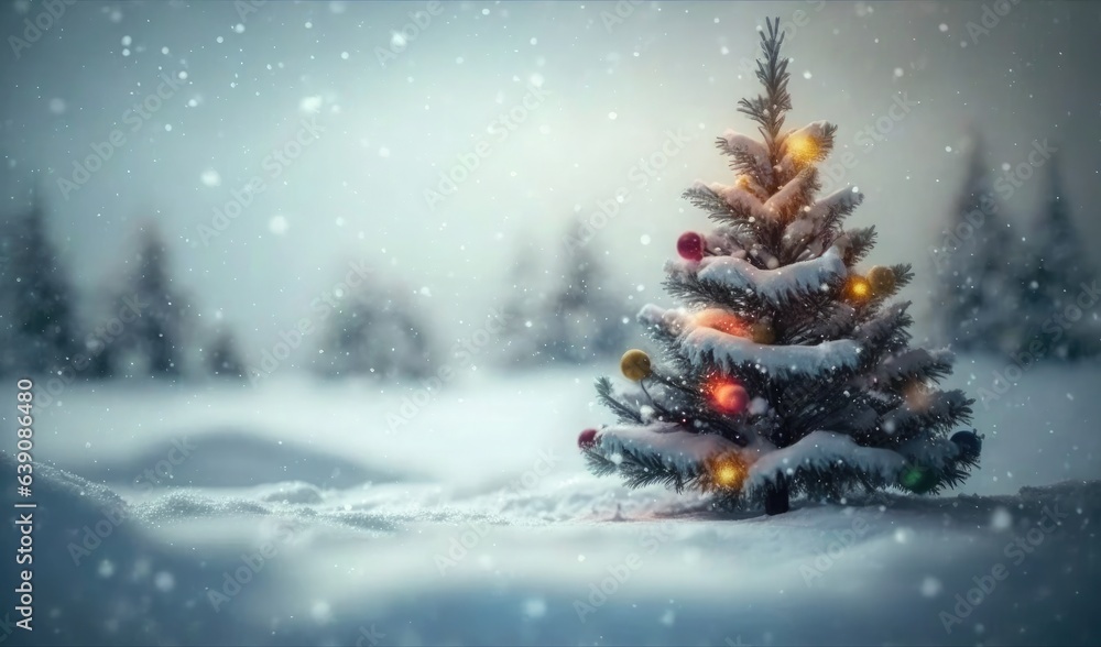 Christmas winter blurred background. Xmas tree with snow decorated with garland lights, holiday festive background