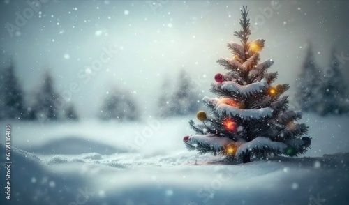 Christmas winter blurred background. Xmas tree with snow decorated with garland lights, holiday festive background © Enigma