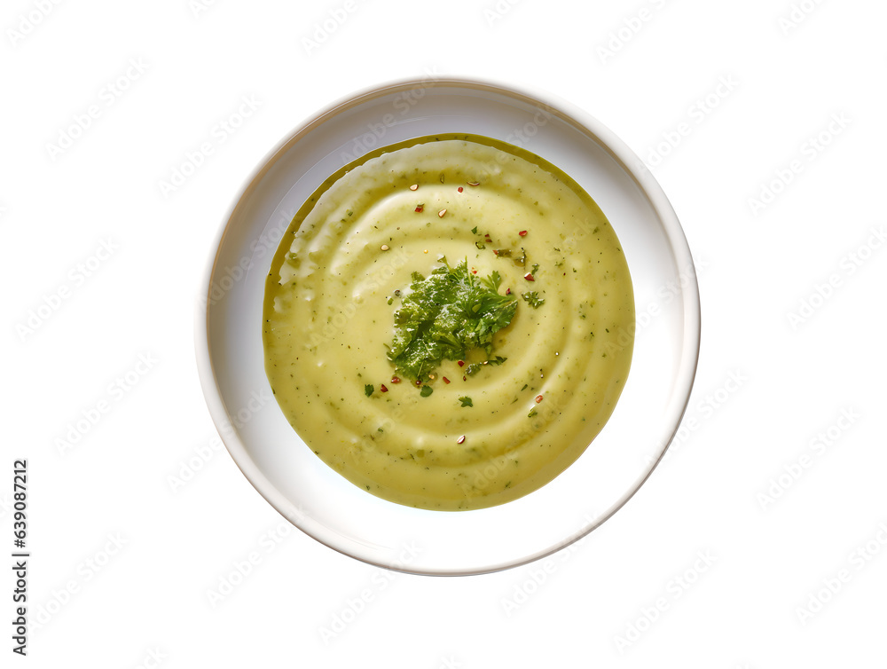 Green mustard sauce whith Cilantro and seasoning in a white dish Green mustard sauce whith Cilantro and seasoning in a white dish