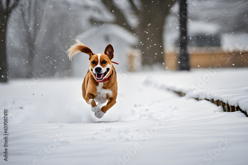 a cute dog running around on the snow