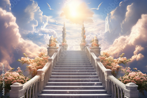 Generative AI Image of Stairs Leading Up to Heaven Gate with Floral Decoration in Bright Day
