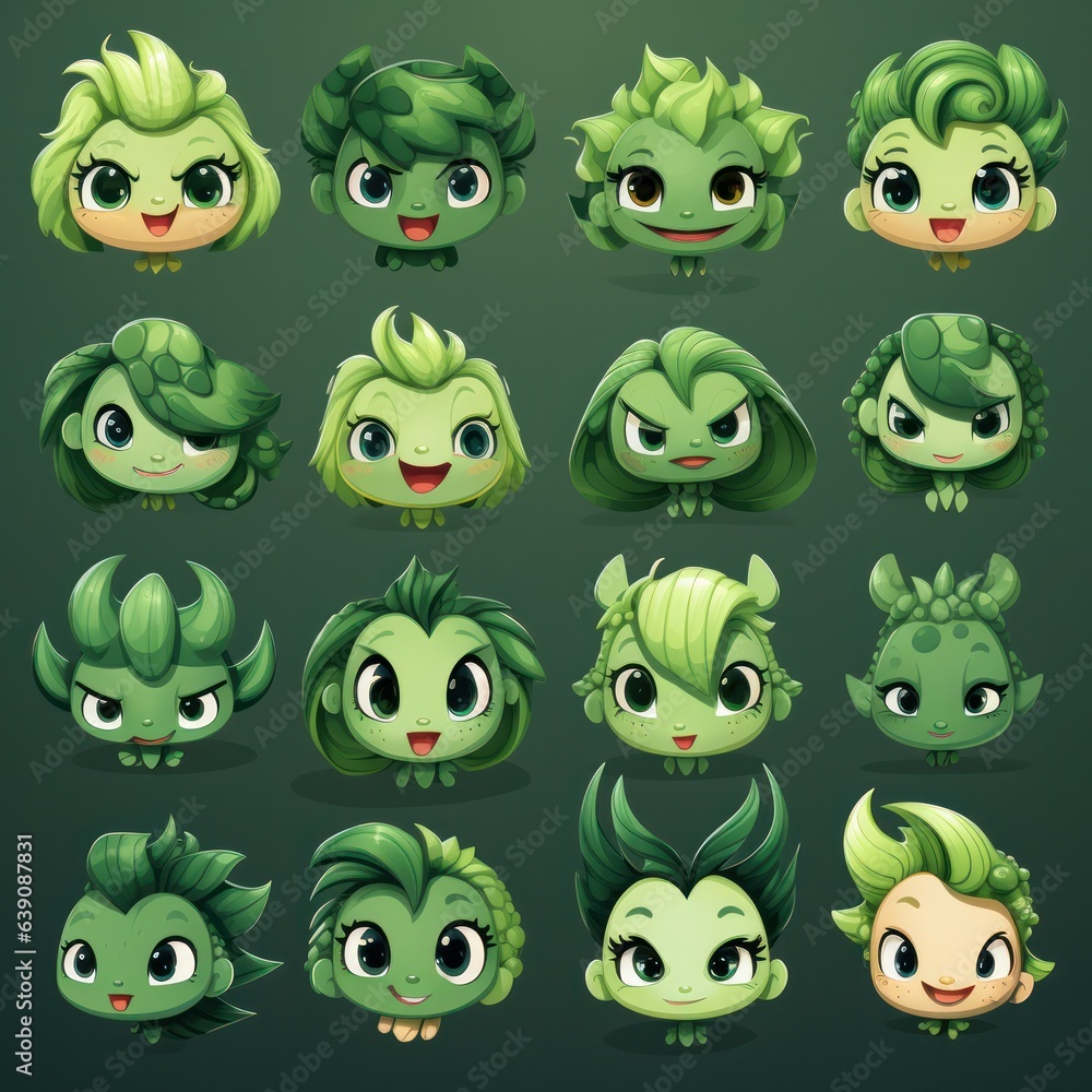 Obraz premium Clipart set of cartoon green wooden dragon with different emotions. 