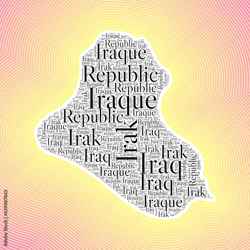 Iraq shape formed by country name in multiple languages. Iraq border on stylish striped gradient background. Vibrant poster. Creative vector illustration.