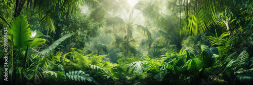 A beautiful green forest of lush palm leaves Palm trees in exotic tropical forest Nature concept of tropical plants for panoramic wallpaper.
