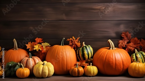 A colorful display of pumpkins  pumpkins and leaves sitting in a row on wooden background. Space for text. Generative AI.