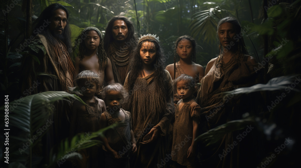 A stern-looking tribe of men and women in the Asian jungle dressed in leaf robes hold a small child, looking into the camera, the light pierced through the tall trees.