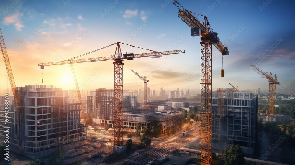 A Construction of high-rise buildings, tower cranes are lifting steel on high-rise building construction site in big city.