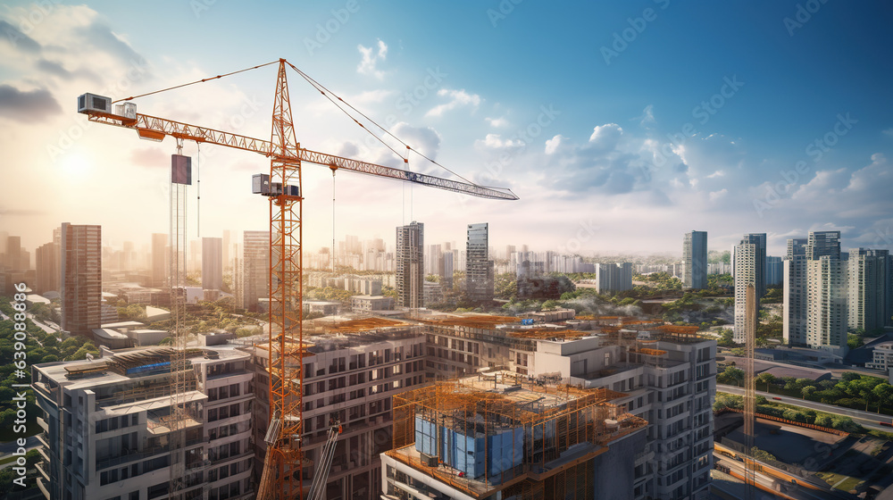 A Construction of high-rise buildings, tower cranes are lifting steel on high-rise building construction site in big city.