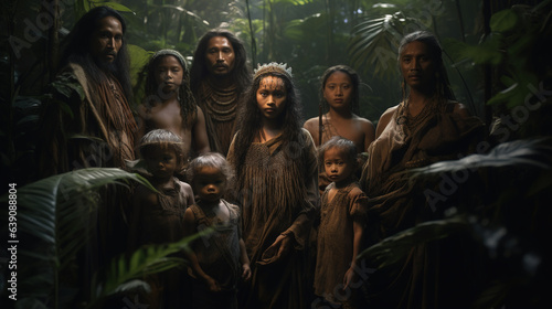A stern-looking tribe of men and women in the Asian jungle dressed in leaf robes hold a small child, looking into the camera, the light pierced through the tall trees.