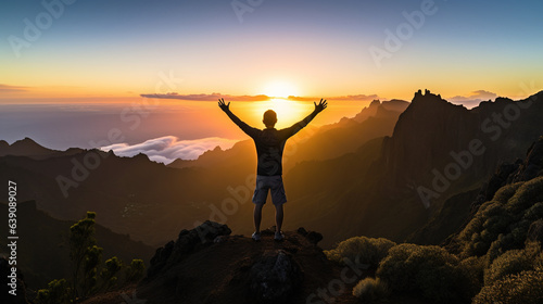 Adult male hiker celebrating the sunset over the mountain panorama of Madeira © Phoophinyo