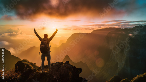 Adult male hiker celebrating the sunset over the mountain panorama of Madeira