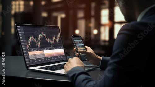 A Stock trader investor broker holding mobile phone looking at laptop using computer analyzing trade cryptocurrency financial digital market indexes crypto stockmarket charts data