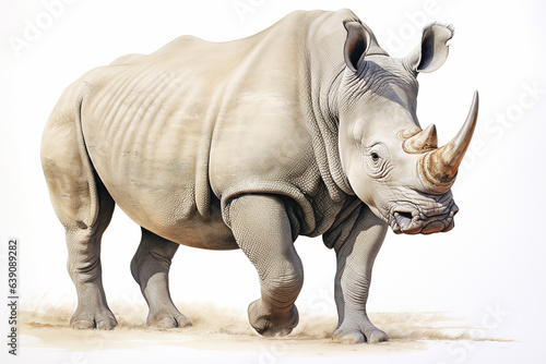 White Rhinoceros in southern African savanna. Watercolor style digital art