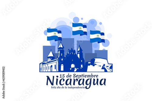 Translation: September 15, Nicaragua, Happy Independence day. Happy Independence Day of Nicaragua vector illustration. Suitable for greeting card, poster and banner.