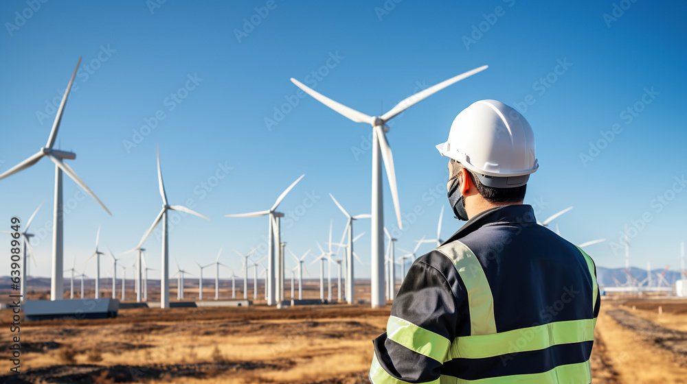 A Renewable energy concept - engineer working at clean wind farm - renewable energy concept A Renewable energy concept - engineer working at clean wind farm - renewable energy concept