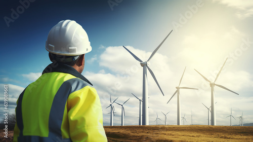 A Renewable energy concept - engineer working at clean wind farm - renewable energy concept