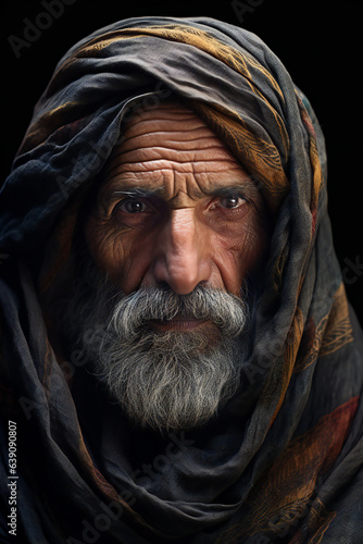 Portrait of an old man with a gray beard in a headscarf on a black background