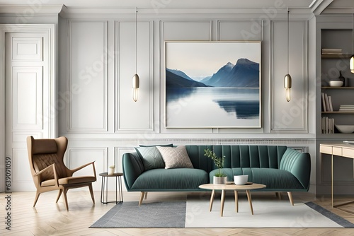 Mockup frame in Scandinavian living room interior background  3d render
