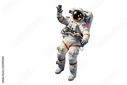 Astronaut in special suit walking in outer space isolated on white background, long distance, clean