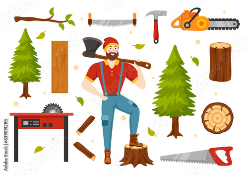 Men Chopping Wood and Cutting Tree with Lumberjack Work Equipment Machinery or chainsaw in Flat Cartoon Background Templates Vector Illustration