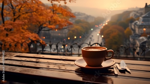 A cup of coffee on a table overlooking an autumn city view. Generative AI.