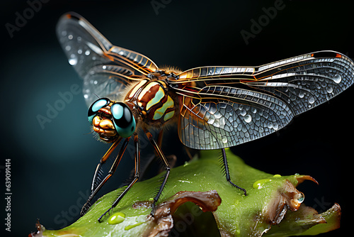 Photo of a dragonfly perched on the grass, with highly detailed insect wings. Focus on the dragonfly.